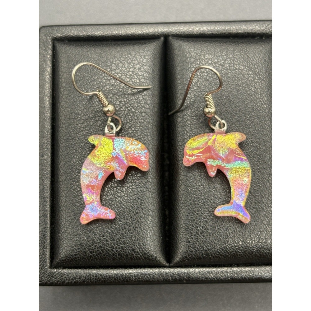 Sterling Silver Glass Dolphin Dangle Earrings 925 F18